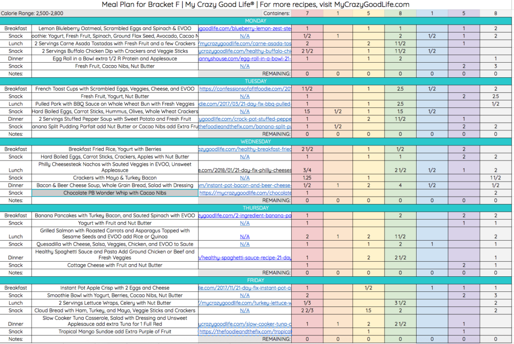 21 Day Fix Meal Plan F 2 500 2 800 Calories Meal Plan My Crazy 