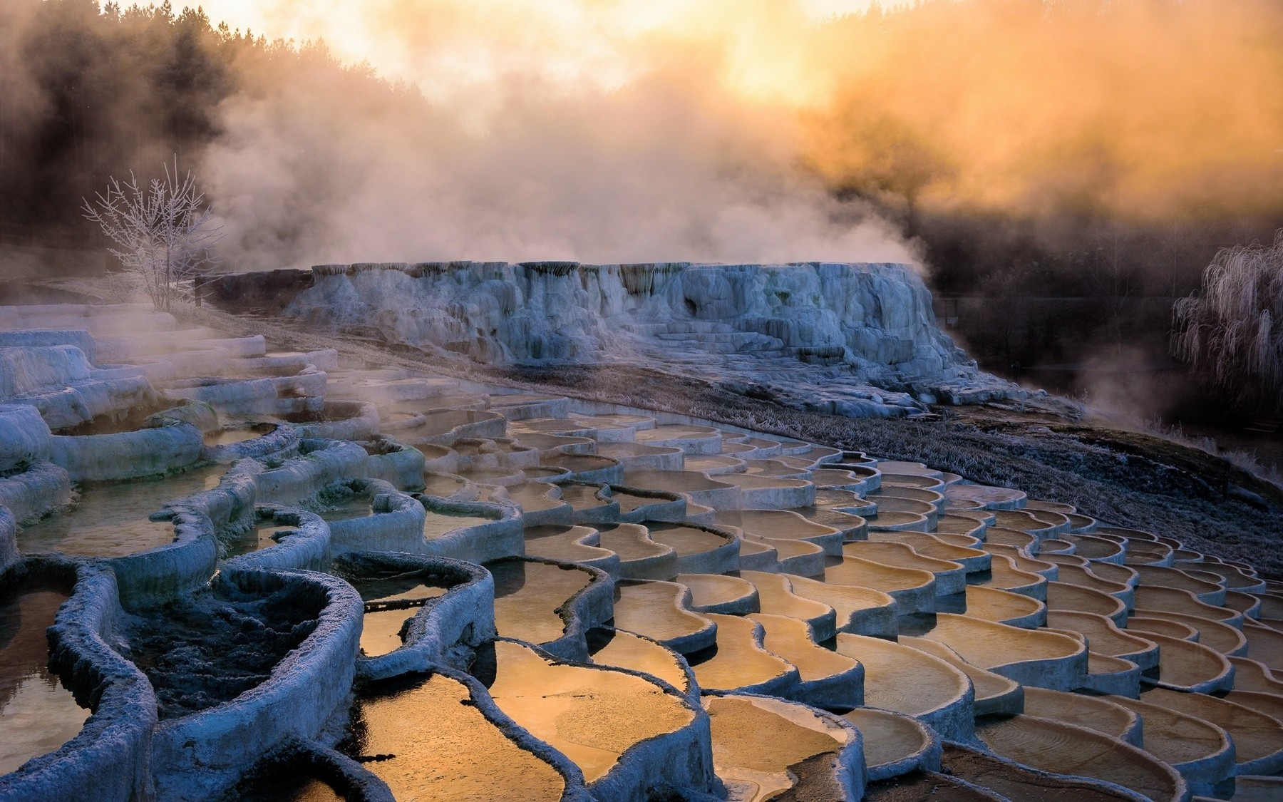 Nature Landscape Sunrise Water Mist Hot Spring Terraces 