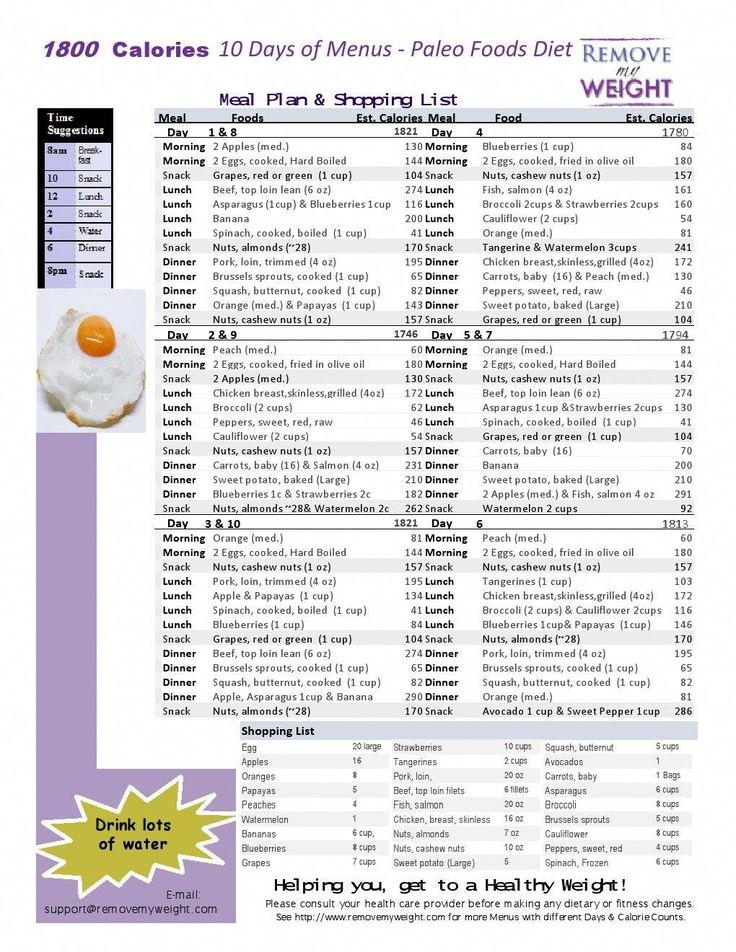 Simple One Page Printable 10 Day Of A 1800 Calorie Paleo Diet Menu Plan 