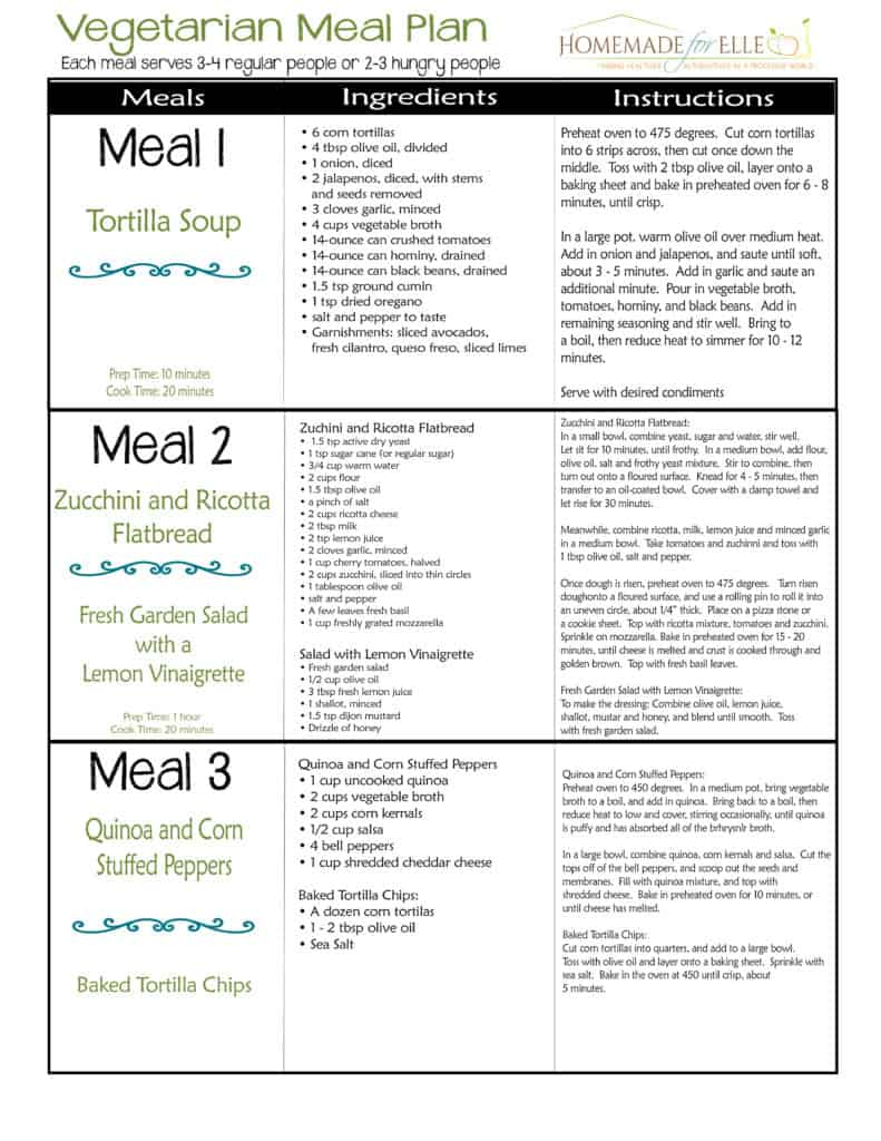 Vegetarian Weekly Meal Plan Homemade For Elle