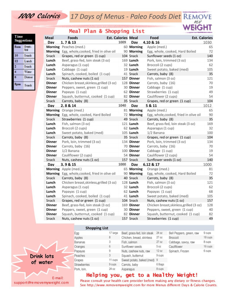 1000 Calories 17 Day Paleo Diet With Shopping List Printable Menu 