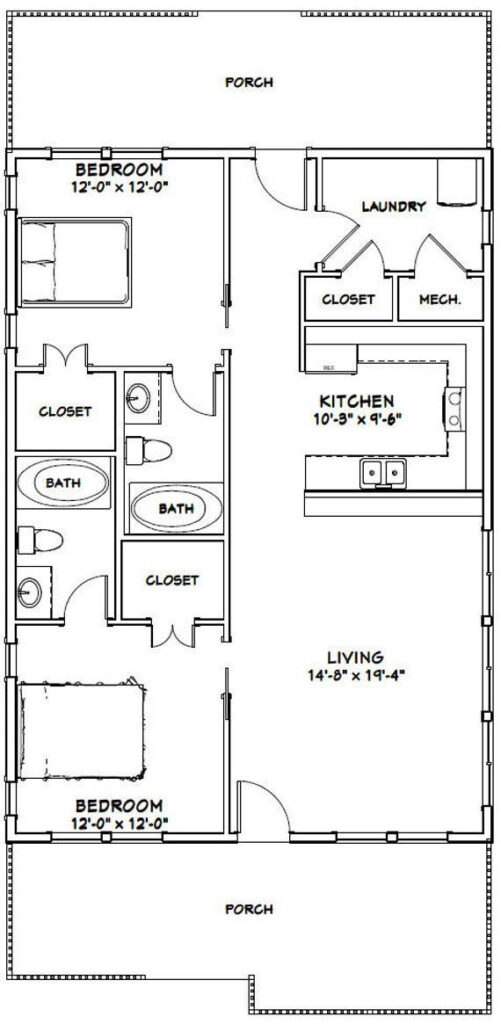 28x40 House 2 Bedroom 2 Bath 1120 Sq Ft PDF Floor Etsy Bedroom 