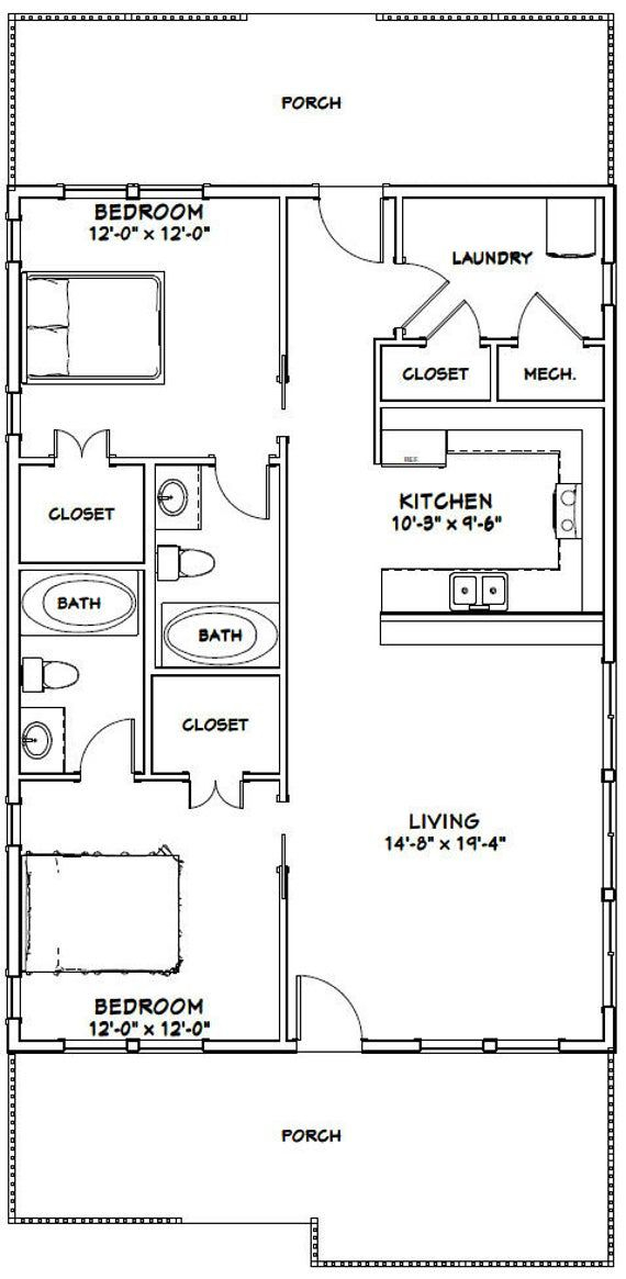 28x40 House 2 Bedroom 2 Bath 1120 Sq Ft PDF Floor Etsy Bedroom